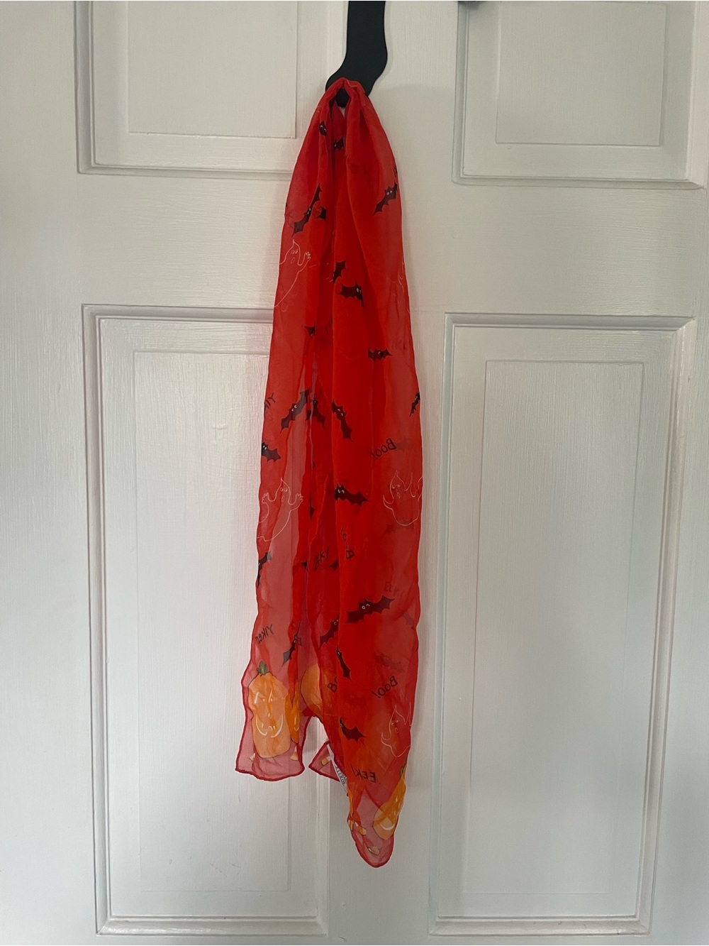 Orange and black Elaine Gold lightweight Halloween scarf with bats and pumpkins